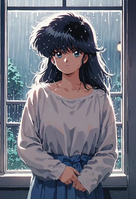 score_9, score_8_up, score_7_up,score_6_up,high resolution,retro,mdk,1girl,solo,black hair,long hair,night,raining,in bedroom,looking at window,pijama,socks,looking at viewer,volumetric lighting,depth of field,upper body,front view