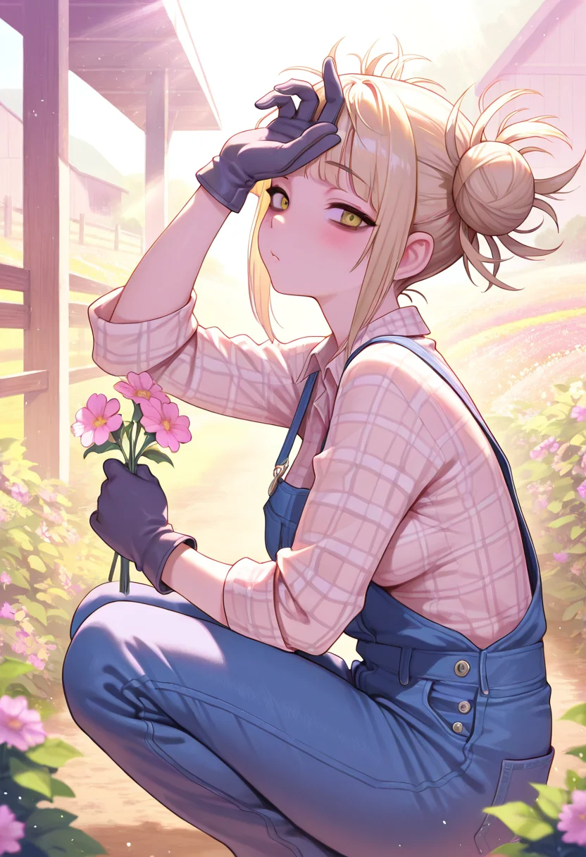 himiko toga, masterpiece, best quality, amazing quality, ultra detailed, 1girl, solo, adult, denim overalls, checkered shirt, gloves, hand on forehead, squatting, from side, looking at viewer, holding flowers, farm, bushes, flowers, sunrays, particles, pastel colors, cowboy shot,