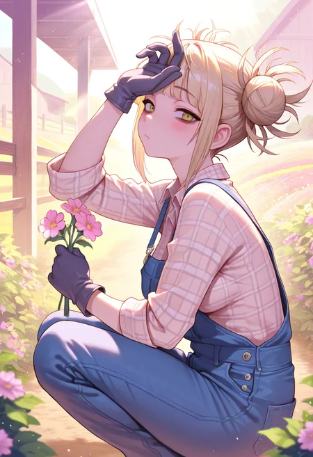 himiko toga, masterpiece, best quality, amazing quality, ultra detailed, 1girl, solo, adult, denim overalls, checkered shirt, gloves, hand on forehead, squatting, from side, looking at viewer, holding flowers, farm, bushes, flowers, sunrays, particles, pastel colors, cowboy shot,