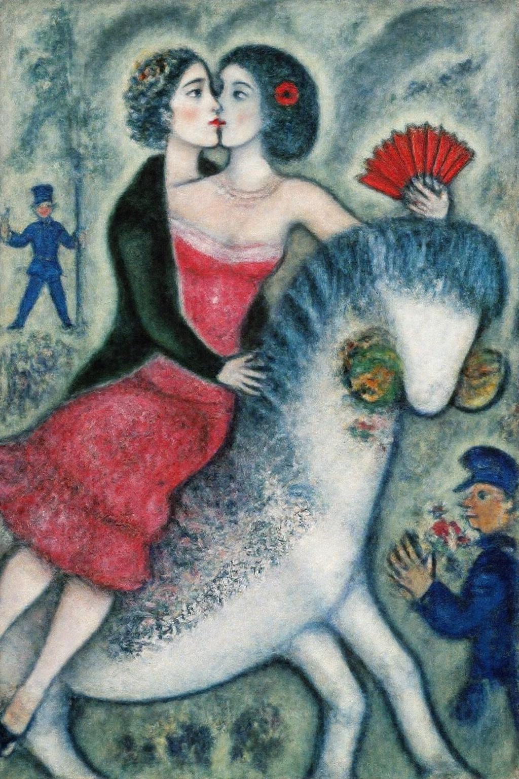 marcha9 painting 
A surreal and dreamlike painting in the style of Marc Chagall, featuring a woman elegantly seated on a white horse adorned with floral decorations. The woman wears a vibrant red dress with intricate patterns, a black shawl draped over her shoulders, and holds a red fan in one hand. Her hair is dark and styled with a red flower. The background is filled with soft, ethereal tones, including a faint crowd scene of soldiers or performers in blue and green, and a figure climbing a pole or monument. The composition blends romantic, whimsical, and surreal elements, with rich textures and fluid lines, creating a poetic and imaginative atmosphere. <lora:marcha2_cap_d6a3e15:1.0><lora:814262972823189672:0>