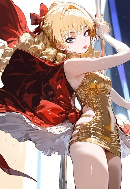 GEN, score_9, score_8_up, score_7_up,source_anime, high res image,masterpiece,best quality, rating safe
UOScarlet blonde_hair,  red lipstick

1girl, microdress, solo,
pole dancing, gold dress,
