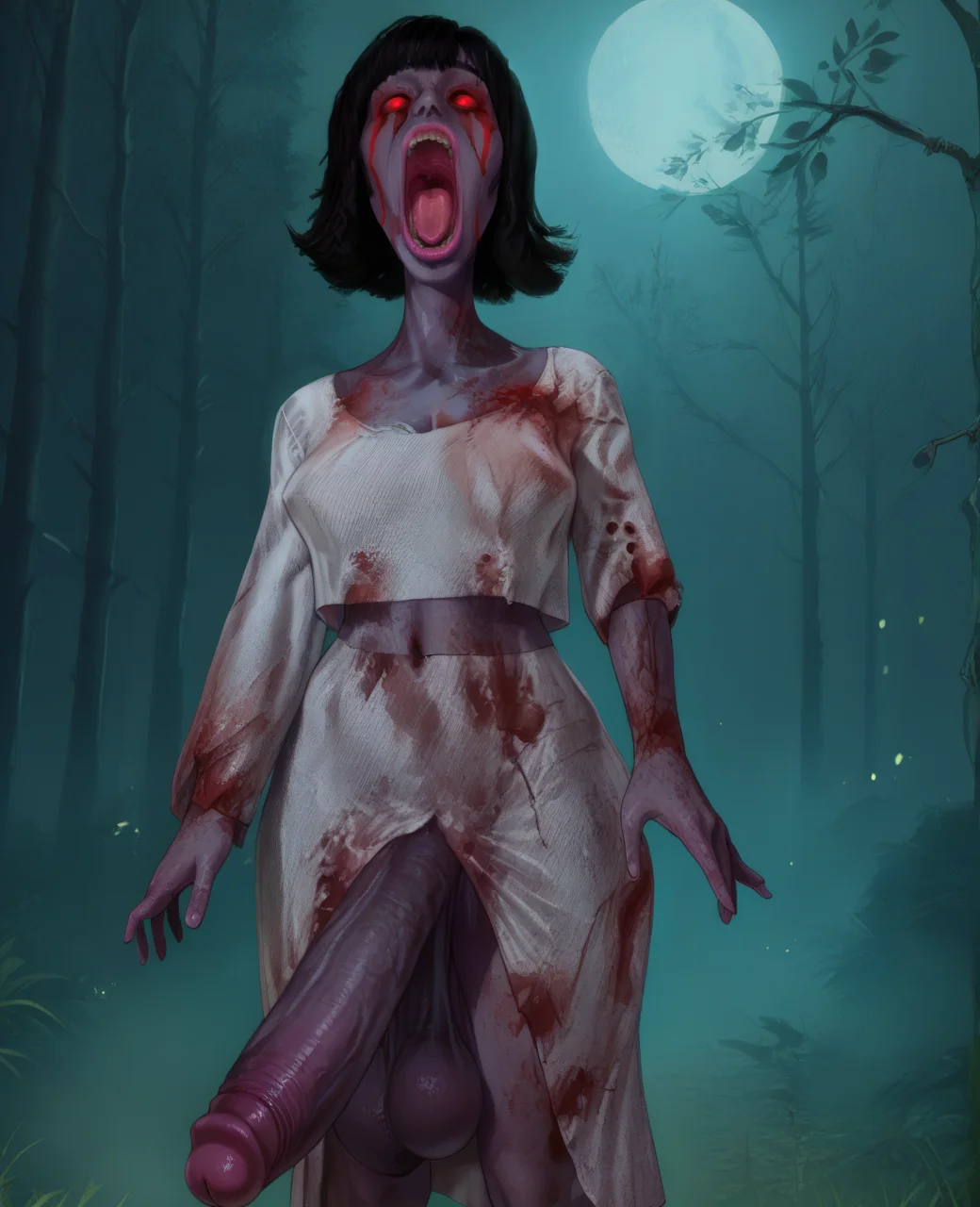 score_9,score_8_up,score_7_up,score_6_up,score_5_up,score_4_up,
drdgetixl,black hair,red eyes,glowing eyes,medium hair,facial mark,sagging breasts,
white dress,open mouth,tongue,uvula,saliva, crop top,
night,forest,hips, futanari, large penis,
<lora:dredgeTIxl:1>, solo,
