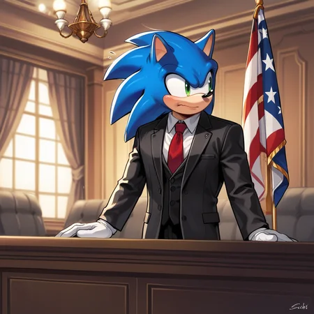 score_9, score_8_up, score_7_up, score_6_up, score_5_up, score_4_up, zPDXL2,source_anime,rating_questionable, <lora:Courtroom:0.7> c0rtr00m, indoors, formal, sonic the hedgehog, blue hedgehog, looking away, suit, embarrassed, sitting, flag