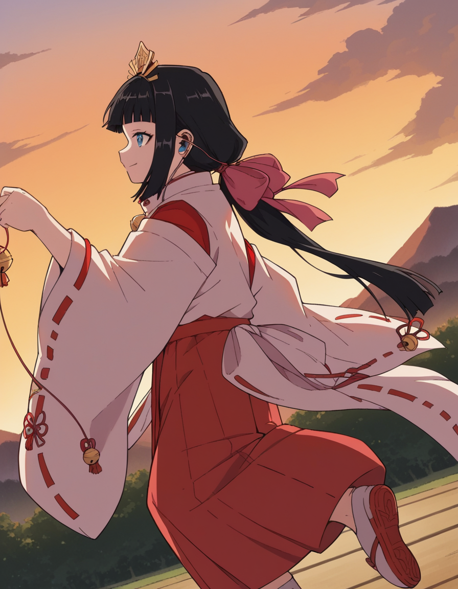 score_9, score_8_up, score_7_up, source_anime, <lora:nigewaka-shizuku-s1-ponyxl-lora-nochekaiser:1>, shizuku, long hair, bangs, blue eyes, black hair, blunt bangs,, japanese clothes, bell, miko, skirt, long sleeves, ribbon, wide sleeves, red ribbon, ribbon trim, hakama, hakama skirt, jingle bell, ribbon-trimmed sleeves, miko, red hakama,, suburban neighborhood, morning jog, earphones, running shoes, fresh air, sunrise, smile, , from side, solo,, cowboy shot, dutch angle