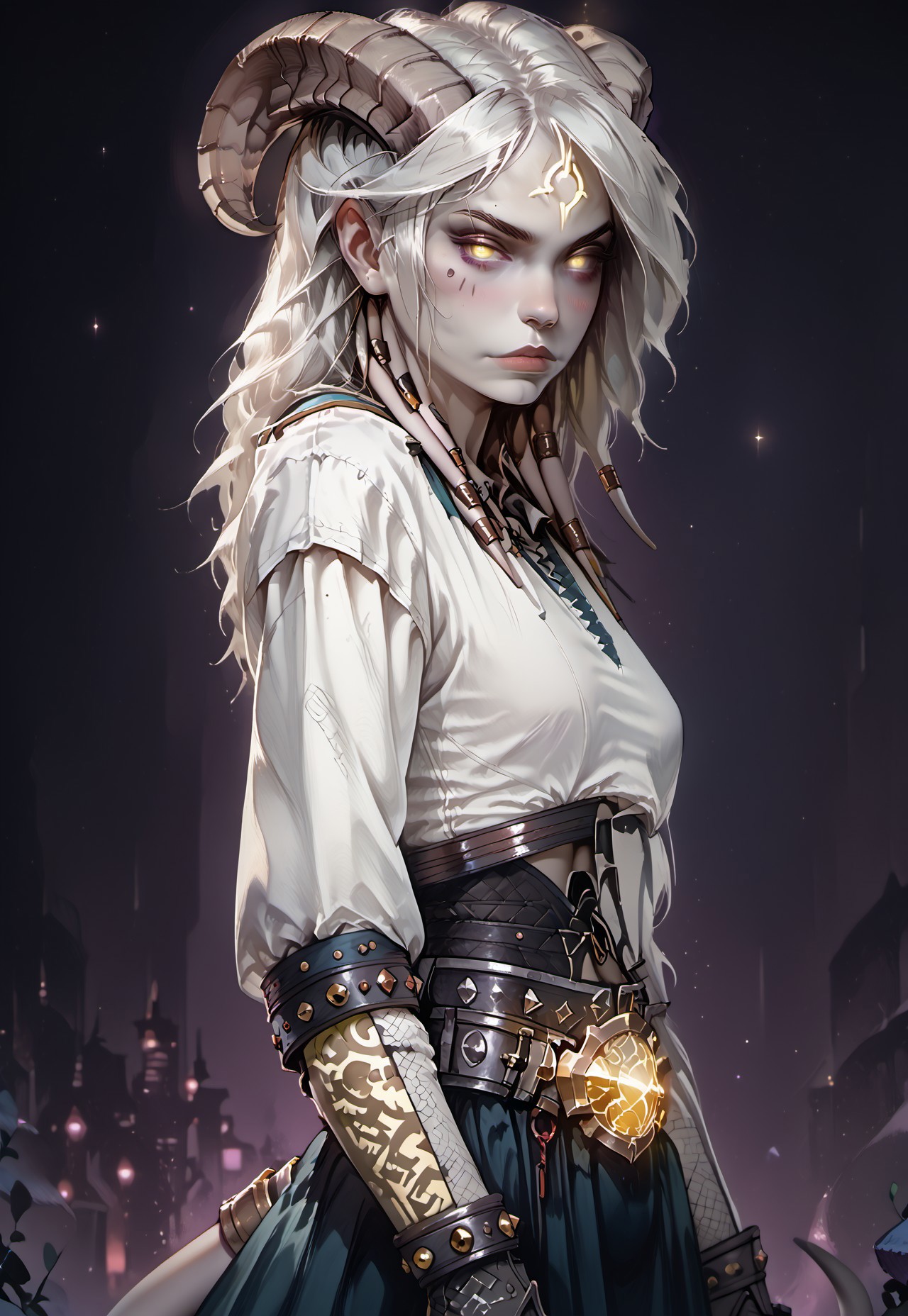 <lora:OZRN:0.9>, score_9, score_8_up, score_7_up, OZRN, digital art, culDraenei, side-view, 1girl, solo, small tits, culDraenei, yellow eyes, no sclera, no pupils, athletic, tall, slim, pale skin, grey skin, long tail, long ears, long hair, athletic, tall, slim, pale skin, grey skin, long tail, long ears, [neon tattooed, body emissive markings], armor, breastplate, bracers, pauldrons, skirt, belt, navel, [abs], bare stomach, nose-ring, standing, [nose blush:0.8], pale skin, looking at viewer, dark background, (neon lights), (soft glow),<lora:ff:0.2>, gothic anime style,<lora:GothicAnimev1:0.4>