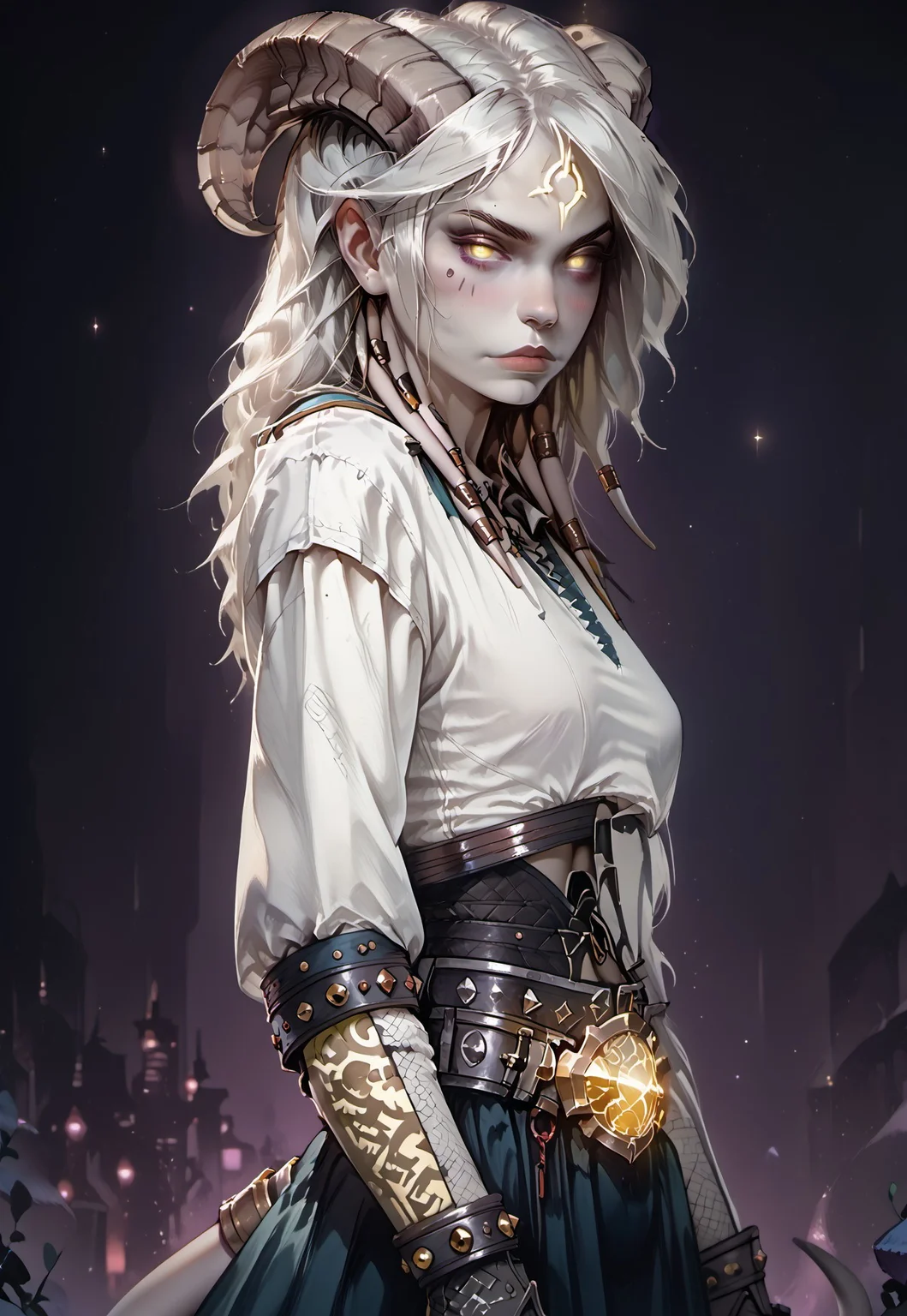 <lora:OZRN:0.9>, score_9, score_8_up, score_7_up, OZRN, digital art, culDraenei, side-view, 1girl, solo, small tits, culDraenei, yellow eyes, no sclera, no pupils, athletic, tall, slim, pale skin, grey skin, long tail, long ears, long hair, athletic, tall, slim, pale skin, grey skin, long tail, long ears, [neon tattooed, body emissive markings], armor, breastplate, bracers, pauldrons, skirt, belt, navel, [abs], bare stomach, nose-ring, standing, [nose blush:0.8], pale skin, looking at viewer, dark background, (neon lights), (soft glow),<lora:ff:0.2>, gothic anime style,<lora:GothicAnimev1:0.4>
