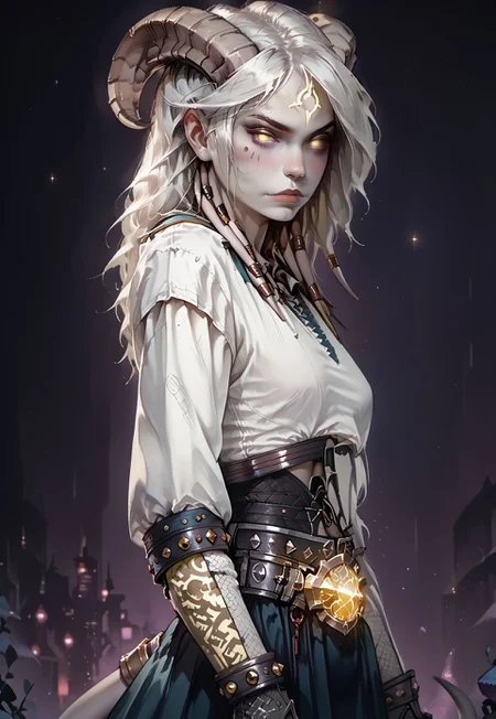<lora:OZRN:0.9>, score_9, score_8_up, score_7_up, OZRN, digital art, culDraenei, side-view, 1girl, solo, small tits, culDraenei, yellow eyes, no sclera, no pupils, athletic, tall, slim, pale skin, grey skin, long tail, long ears, long hair, athletic, tall, slim, pale skin, grey skin, long tail, long ears, [neon tattooed, body emissive markings], armor, breastplate, bracers, pauldrons, skirt, belt, navel, [abs], bare stomach, nose-ring, standing, [nose blush:0.8], pale skin, looking at viewer, dark background, (neon lights), (soft glow),<lora:ff:0.2>, gothic anime style,<lora:GothicAnimev1:0.4>