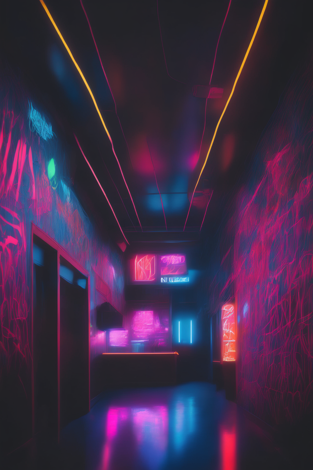<lora:Neon Night:1>Neon Night - a dimly lit underground dance club with walls covered in neon graffiti