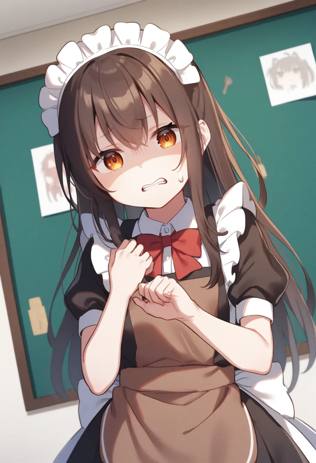 1girl,sincos, ningen mame, toosaka asagi,solo,medium breasts,20yo,maid,maid headdress,
donbiki,<lora:donbiki_XL_v1:0.7>
sweatdrop, looking at viewer, shaded face, turn pale, jitome, disgust, gloom (expression), d:, frown, empty eyes, no pupils, clenched teeth, hands up,
dutch angle, panorama shot, red hair, orange eyes, drawing and manual arts room, drill hair,,
best quality, very aesthetic, absurdres