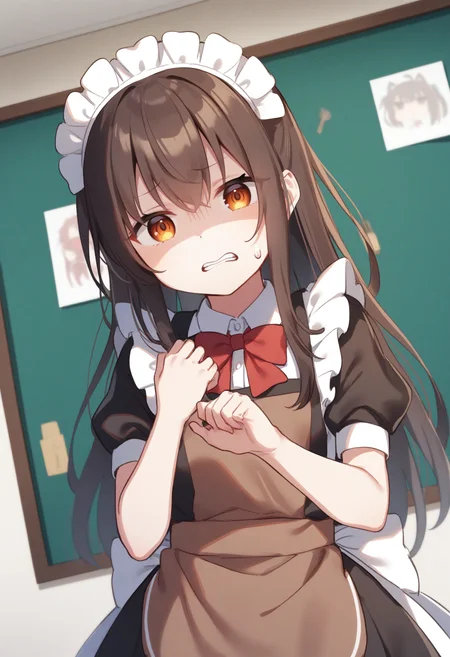 1girl,sincos, ningen mame, toosaka asagi,solo,medium breasts,20yo,maid,maid headdress,
donbiki,<lora:donbiki_XL_v1:0.7>
sweatdrop, looking at viewer, shaded face, turn pale, jitome, disgust, gloom (expression), d:, frown, empty eyes, no pupils, clenched teeth, hands up,
dutch angle, panorama shot, red hair, orange eyes, drawing and manual arts room, drill hair,,
best quality, very aesthetic, absurdres