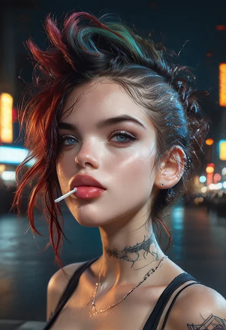 score_9, score_8_up, score_7_up, score_6_up, score_5_up, score_4_up, 1girl, Goth girl suck a lollipop, gothicstyle, playing with hair, goth makeup, beautiful eyes, (((punk hair))), zeroElie, (high profile implants), (huge fake breasts:1.3), perfectly round breasts, fake breasts, high contrast, vivid lighting, BREAK, sapphire blue eyes, touching hair, portrait, with a cyberpunk style background, neon lights in the background
Hide