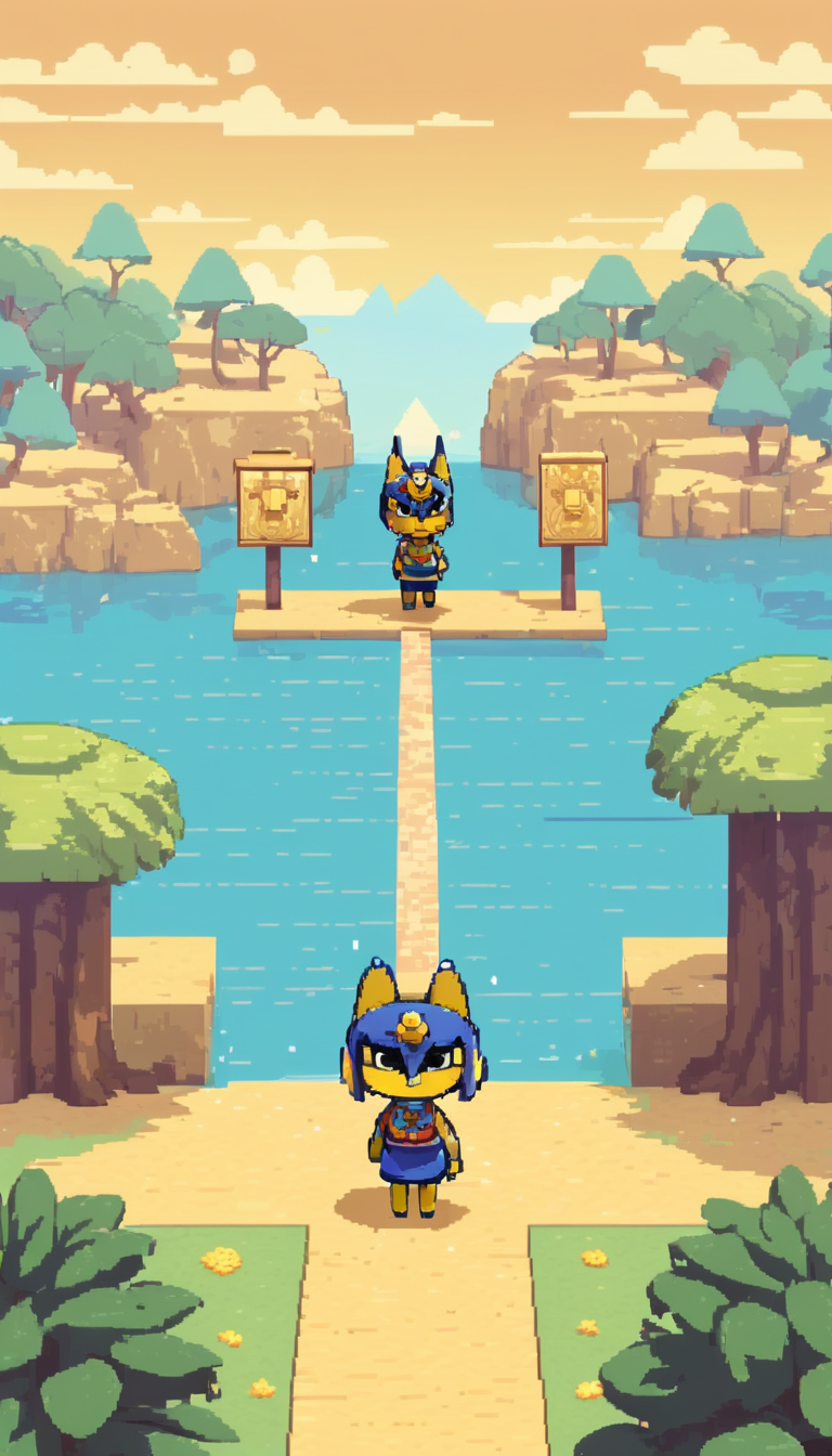 pixel-art  Cinematic scene, hero view, Ankha, Animal Crossing <lora:ankha_v0.0.1:1>, action pose, nature, detailed background, masterpiece, best quality, high quality, absurdres . low-res, blocky, pixel art style, 8-bit graphics