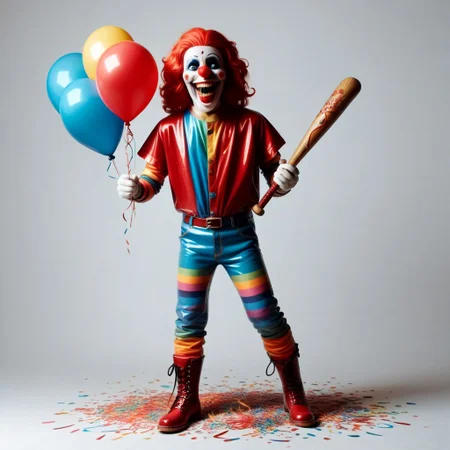 score_9, score_8_up, score_7_up, score_9, score_8_up, score_7_up, terrifying latex clown, horror setting, birthday party, solo, carrying latex baseball bat. burst red latex balloons everywhere, menacing aura,