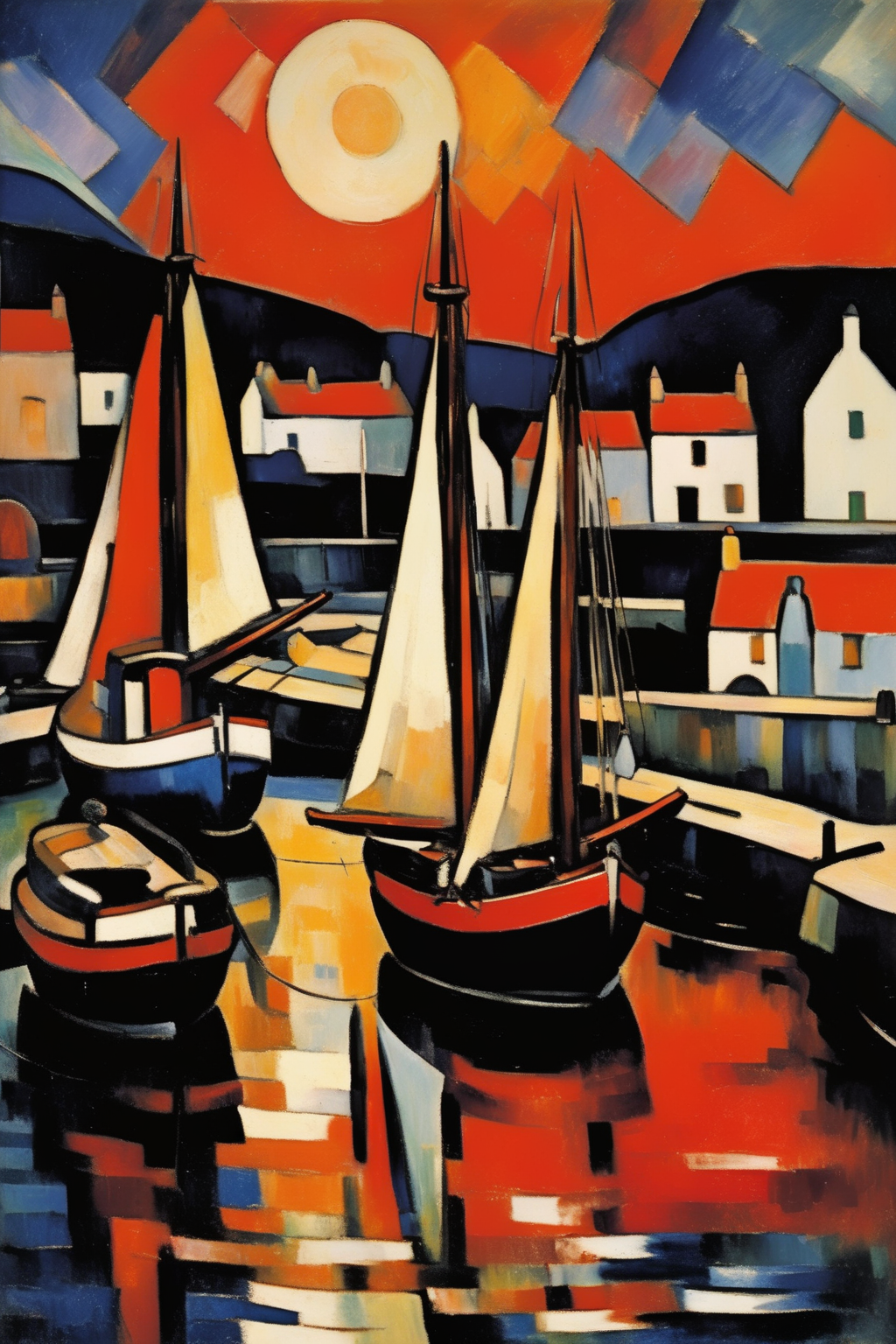 <lora:Maurice de Vlaminck Style:1>Maurice de Vlaminck Style - 102526. A painting by Raymond Duchamp-Villon. A painting of Tarbert Harbour at sunset illustrates the picturesque allure and inviting charm of this Scottish harbor on the Kintyre Peninsula through a captivating blend of Cubist and Fauvist styles. The quaint harbor, filled with sailboats and fishing trawlers, is depicted in fragmented shapes and vibrant colors, while the setting sun casts a warm glow on the surrounding hills, village, and waters of Loch Fyne. The scene conveys a sense of tranquility and idyllic beauty, reflecting the enduring appeal of Tarbert Harbour at sunset.