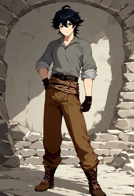 Score_9, score_8_up, score_7_up, Genshin Impact Style, source_anime, cave shaft, stone walls, 1man, solo, standing by cave wall
Black hair, brown hood, bangs, tall man, staring at viewer, facing viewer, brown eyes, serious, grey shirt, black cloth over shoulders, long sleeves, rolled sleeves, cloth gloves, brown pants, rope belt, brown boots, wrapped pants
