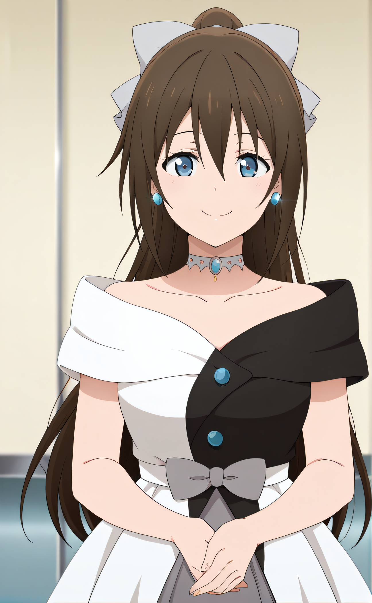 masterpiece, best quality, highres, newest, 1girl, solo, official style, anime screencap, <lora:Ousaka_Shizuku:1>, shizuku, ponytail, brown hair, white_hair_bow, blue eyes, choker, two-tone dress, off shoulders, collarbone, jewlery, earrings, cowboy shot, smile, indoor