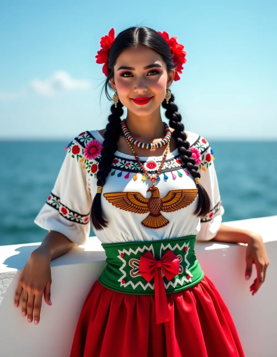 ch1n4p, traditional, Mexican folklore, full body shot, embroidery, braided hair, hair laces, ultra quality, ultra detailed, ultra realistic, ultra lighting,  cinematic, vibrant photograph of a young Mexican woman with round big eyes, prominent cheekbones and alluring smile, standing outdoors, on a sunny day. She is dressed in a traditional Mexican costume. The outfit features a white blouse with colorful embroidery, including floral and bird designs, and a red skirt adorned with a large, intricate eagle emblem in the center. The eagle emblem is surrounded by green and white zigzag patterns. Her skirt also has a wide, green belt with a red ribbon hanging down. She wears her hair styled in two long braids, adorned with colorful ribbons and flowers. Around her neck, she has multiple strands of colorful beads and a large, ornate necklace. Her makeup is vibrant, with bright red lipstick and eye shadow. She stands confidently with her hands resting on a white, textured wall behind her. The background shows a calm body of water, likely a lake or ocean, with a clear blue sky above. The overall scene is bright and cheerful, capturing the essence of traditional Mexican culture and festive attire.