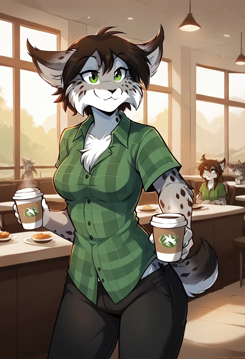 score_9, score_8_up, score_7_up,score_6_up,score_5_up, source_furry
BREAK
solo, furry female anthro, medium breasts, (seductive, smug), green plaid shirt, black pants, (indoors, cafe), Plump, plump belly, cup of coffee, TomFischbeck
BREAK
<lora:Alice-Reed-Twokinds-SDXL-AnonTK-V2:0.8> , alice-twokinds, keidran, medium hair, lynx tail, green eyes