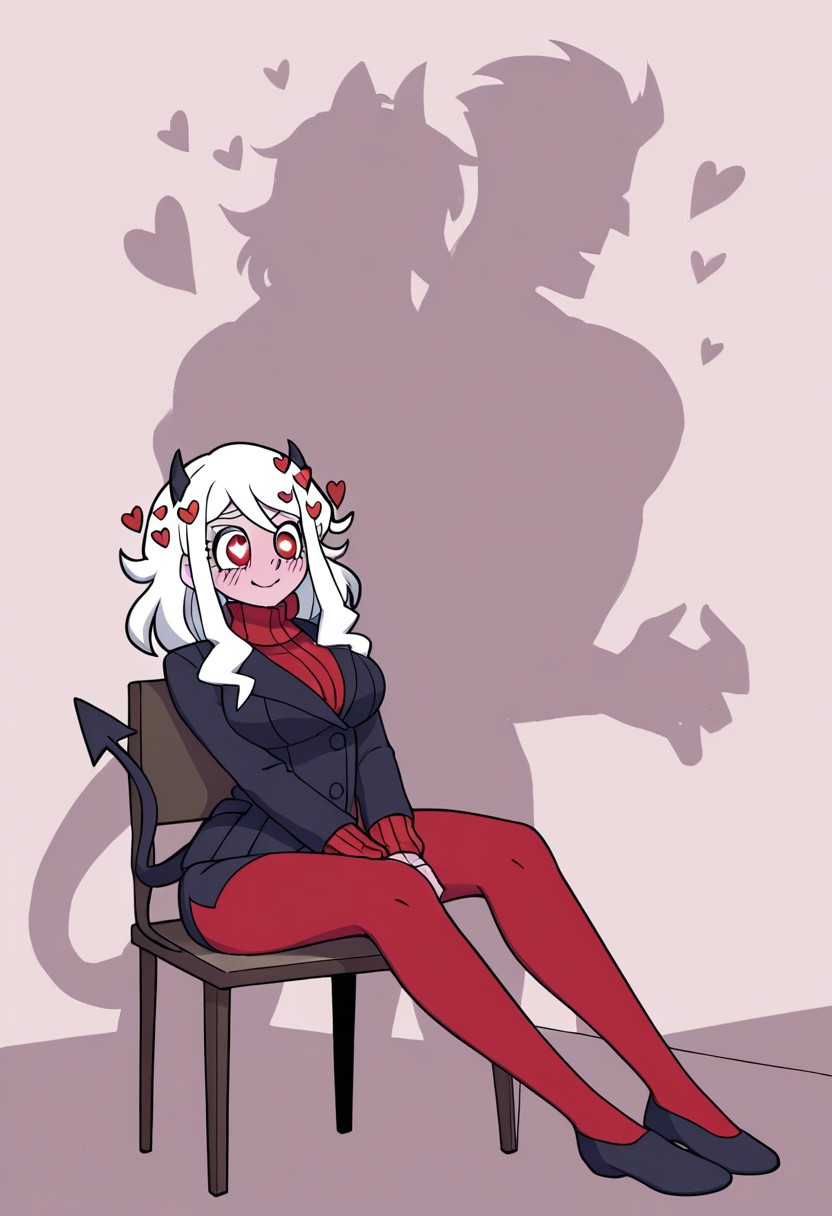 masterpiece, best quality, newest, absurdres, highres, anime, anime style, CCH-IL.V1.0-SH, implied sex, silhouette, shadow, chair, sitting on chair, sitting, silhouette sex, 
BREAK 1girl, modeus (helltaker), white hair, horns, hearts, symbol shaped pupils,