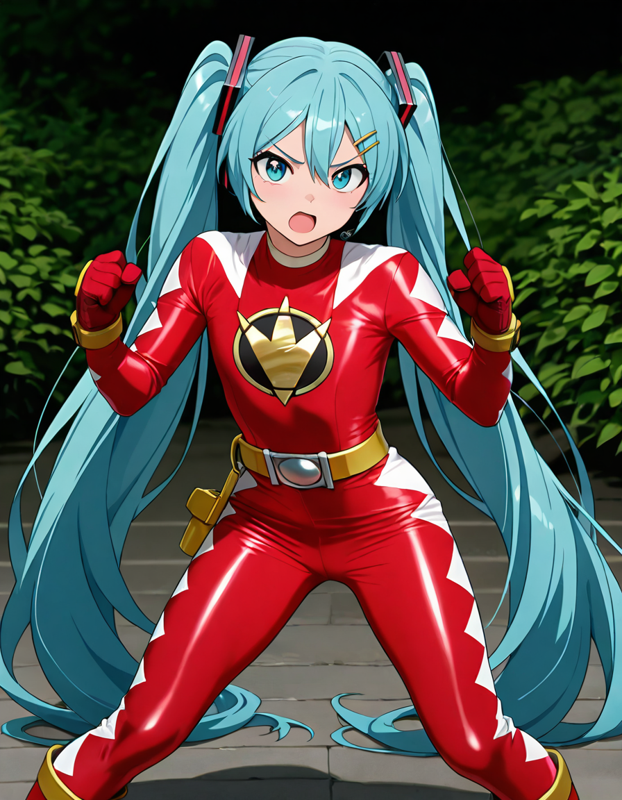 masterpiece, best quality, amazing quality, very aesthetic, absurdres, newest,shiny skin (((anime screenshot:1))), anime coloring, hatsune miku, twintails, blue hair, fighting stance, hairclip looking at viewer, open mouth 1girl , flat chest, Dinotred, robot, solo, DINRED bodysuit, DINRED belt, DINRED gloves, DINRED boots, helmetless <lora:Power_Rangers_Dino_Thunder_-_BakuryÅ«_Sentai_Abaranger_13_in_1_pack:0.9>