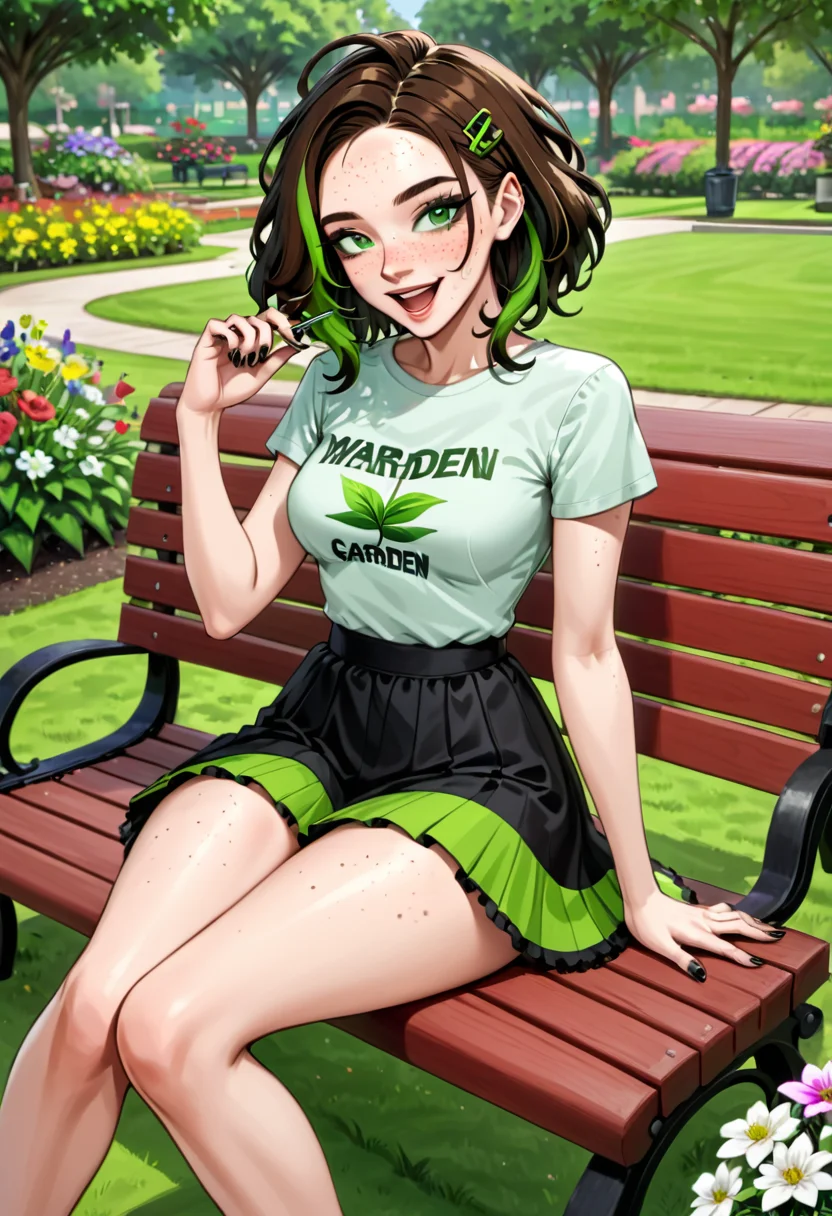 1girl, solo, petite body, attractive figure , breasts, body freckles , green eyes , brown streaked shaggy layered hair with hairpin, , eyeliner ,nail polish, black nails, fake nails , joyful,come hither, sitting, knees up , on bench, outside, garden, park, grass, flowers, t-shirt, bubble skirt , aged up
