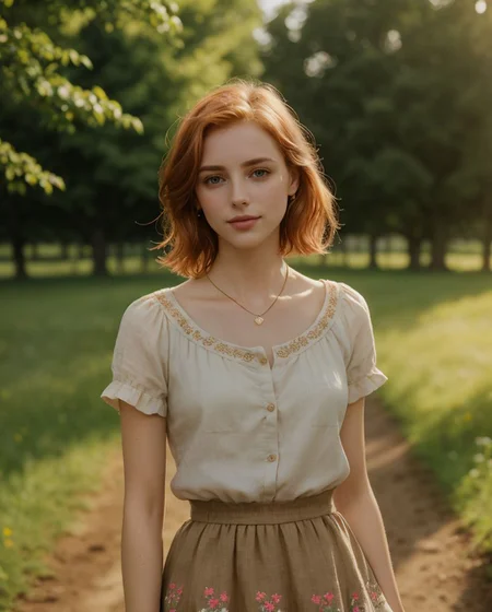 (style of Alessio Albi:1.4), Realist Portraiture, Soft Lighting, Emotional Depth, Simple Compositions, (Layered Depth, Soft focus foreground, Painted Scenery:1.1), alluring feminine physique, 24yo B34U71FU1_CA3LIA attractive irish redhead, wide cinematic establishing shot seductive young woman picnic under tree, (Layered Depth, Soft focus foreground, Painted Scenery:1.1), (bra, young adult irish redhead:1.15), short backlit hair, perfect face, thin upper lip, pouting lower lip, thin brows, small upturned nose, bow-shaped lips, large expressive almond shaped eyes, Raised Eyebrows, Focused Gaze, eager expression, quaint farm setting, (relaxed country woman), (tight unbuttoned shirt, thin material), subsurface scattering, classic cotton, soft pastel, intricate embroidery collar cuffs, rolled-up sleeves revealing sun-kissed forearms BREAK (blanket:1.15), rich textures, patchwork design, vibrant colors, detailed stitching, homely aesthetic (skirt), elegant rustic charm, subtle floral pattern, linen, sways breeze BREAK ((wildflower wreath)), crown delicate chain necklace, small, intricate pendant, heart-shaped with floral theme, glowing subtly in the soft light, ethereal quality, [lens flare glinting], (mischievous yet content expression), lush green fields in the background, (soft, sunlit ambiance), simple leather boots, carefree hair  <lora:kodak_ultramax_400:0.8> golden hour, soft golden light, pastel sky, relaxed posture, natural smile, earthy colors, candid moment, trees and flowers in background, leading lines, depth of field, slightly off-center framing, warm tones, cinematic look, natural setting, editorial style, soft textures, subtle lighting, peaceful mood