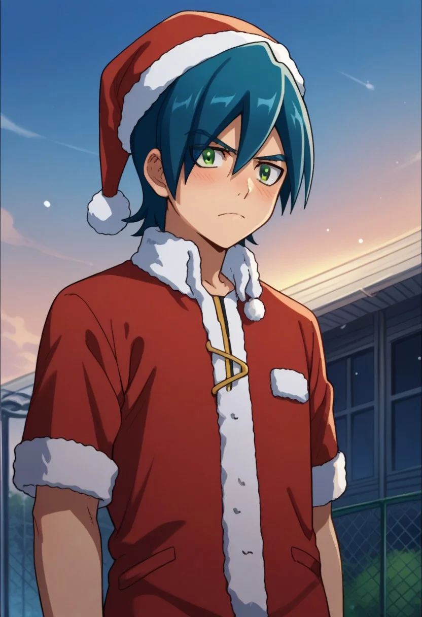score_9, score_8_up, score_7_up, source_anime, highly detailed,
hayato,
solo, 1boy, male focus, upper body, green eyes, blue hair, standing, santa hat, santa costume, frown, blush,
outdoor, sky,