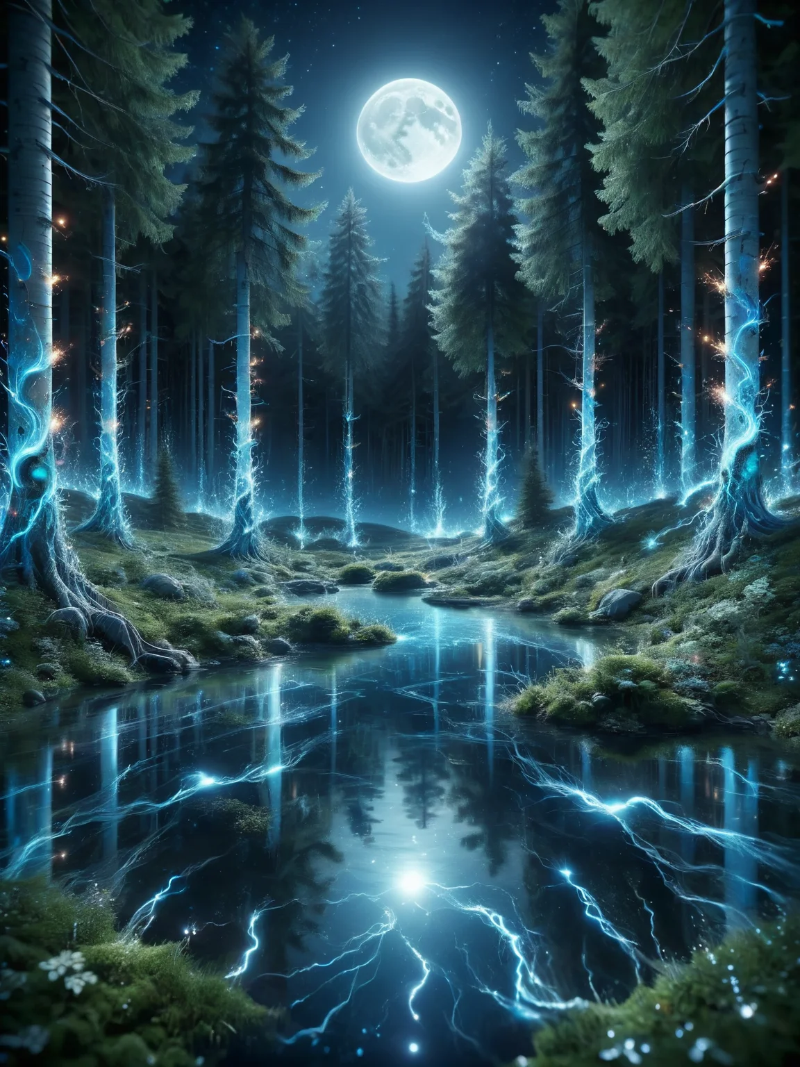 A serene ais-sparkz pond in a moonlit forest, where the water surface is shimmering with gentle ais-sparkz ripples. <lora:Sparks_Style_SDXL:1>
