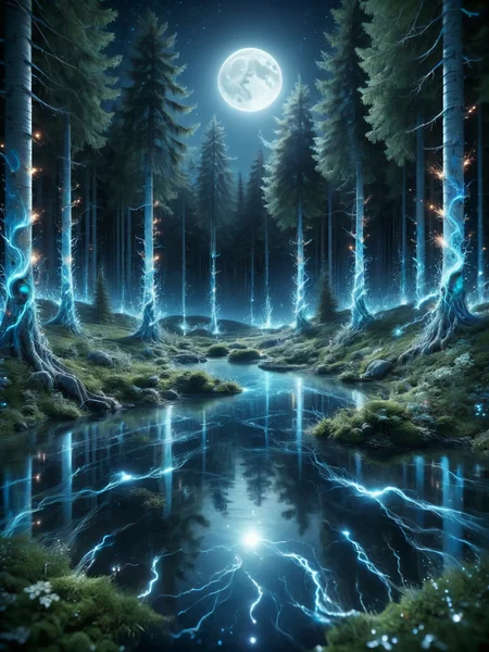 A serene ais-sparkz pond in a moonlit forest, where the water surface is shimmering with gentle ais-sparkz ripples. <lora:Sparks_Style_SDXL:1>