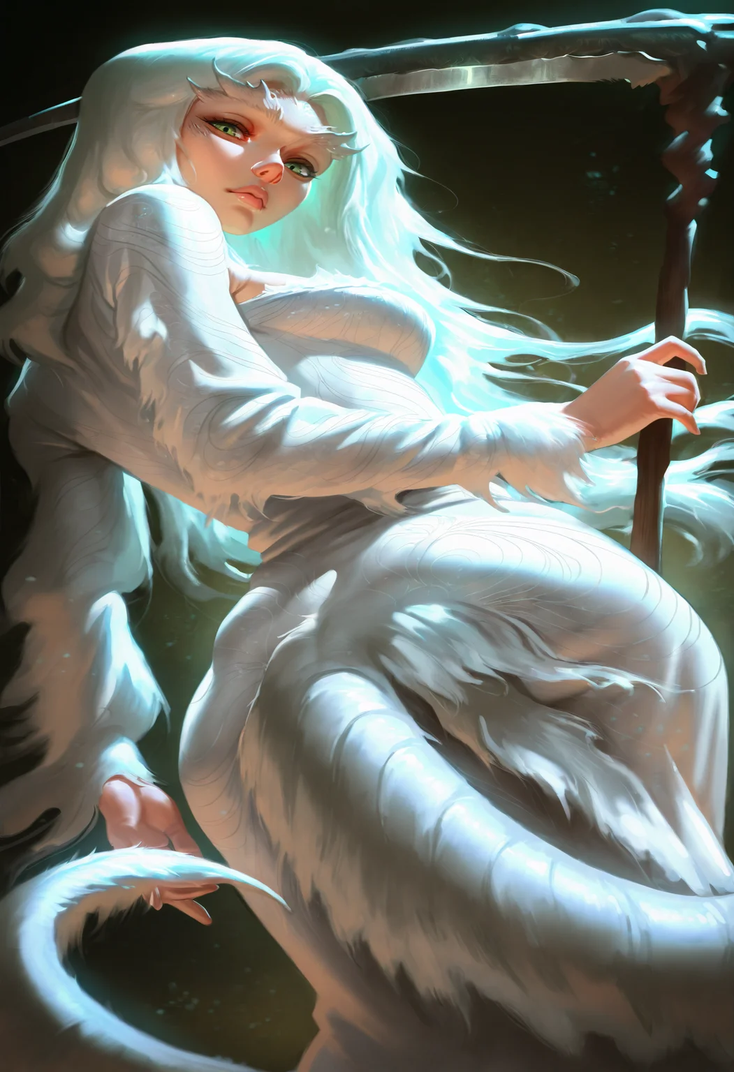 masterpiece, best quality, highres, contrapposto,  dutch angle,  <lora:Crossbreed_Priscilla_character:1> priscillads, solo,  dragon girl, green eyes,  tail, white dress, dutch angle,  from behind,  tall female, looking back, looking down,  looking at viewer,  wide hips, holding scythe, (realistic:1.3),  abstract background,  simple background,  <lora:Dramatic Lighting Slider:2>