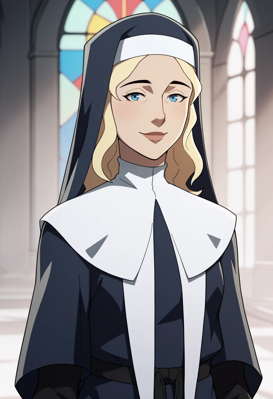 score_9, score_8_up, score_7_up, BREAK,
1girl, blonde hair, blue eyes, long hair, nun, boots, dress, hat, robe,
upper body, warm smile, looking at viewer, solo, standing, church background <lora:VoxMachinaV2XLLocon_byKonan:1>