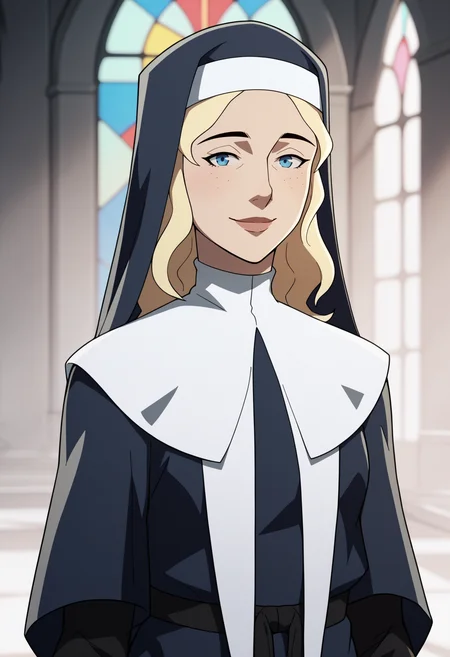 score_9, score_8_up, score_7_up, BREAK,
1girl, blonde hair, blue eyes, long hair, nun, boots, dress, hat, robe,
upper body, warm smile, looking at viewer, solo, standing, church background <lora:VoxMachinaV2XLLocon_byKonan:1>