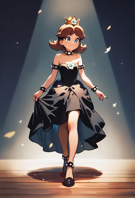 score_9, score_8_up, score_7_up, score_6_up, best quality, highres, source_anime, (cute doodle), solo, black backgruond, light, (Princess daisy), young, black short, black dress, stage, fashion day, catwalk, walking, elegant, (bowsette dress)