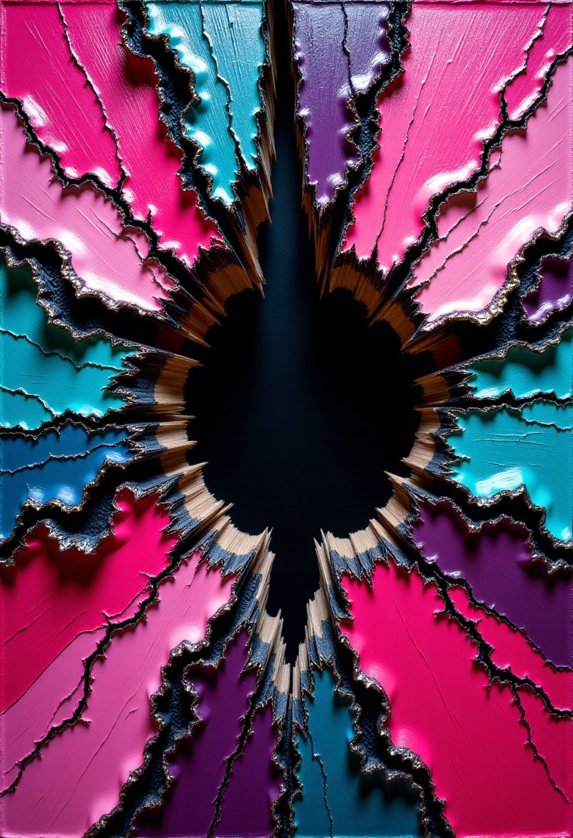 “Bold oil and palette‑knife abstraction of a chaotic planar rift, thick strokes of magenta, teal, and obsidian black, metallic foil veins running through cracks, high‑impact central focal point with torn‑paper border effect.”
, aidmaHiDreamStyle, aidmaHyperrealism,