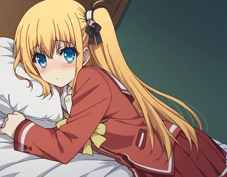 score_9, score_8_up, score_7_up, source_anime,
yusakurobane, <lora:yusa-kurobane-s1-ponyxl-lora-nochekaiser:1>,
yusa kurobane, long hair, blue eyes, blonde hair, hair ornament, ribbon, hair ribbon, one side up, side ponytail,
school uniform, serafuku, long sleeves, red blazer, red skirt, pleated skirt, white sailor collar,
indoors, bed, bed room, on side, blush, drunk,
looking at viewer, cowboy shot, solo, dutch angle,