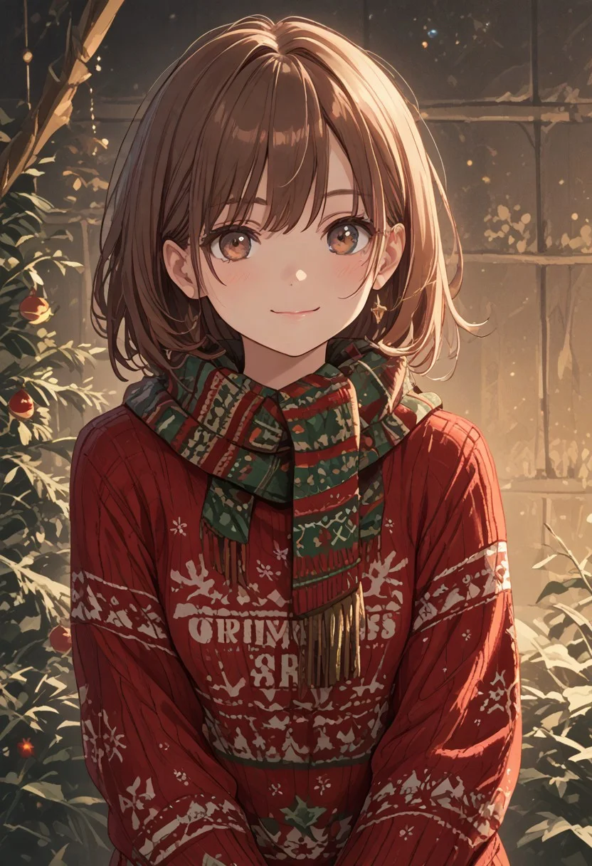 score_9, score_8_up, score_7_up, score_6_up, score_5_up, score_4_up, masterpiece, ultra-detailed, high resolution,
christmas_sweater, 1girl, scarf, christmas, sweater, beautiful smile, closed mouth,closed lips