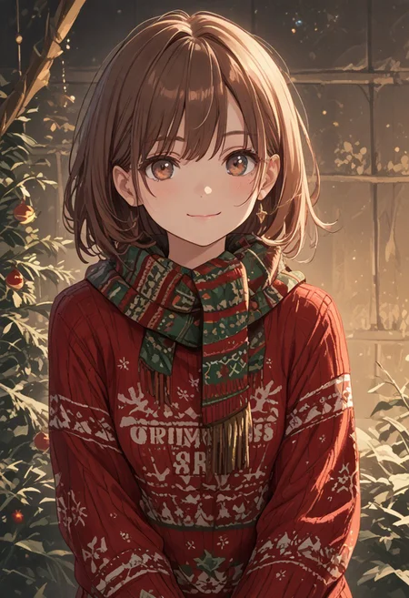 score_9, score_8_up, score_7_up, score_6_up, score_5_up, score_4_up, masterpiece, ultra-detailed, high resolution,
christmas_sweater, 1girl, scarf, christmas, sweater, beautiful smile, closed mouth,closed lips