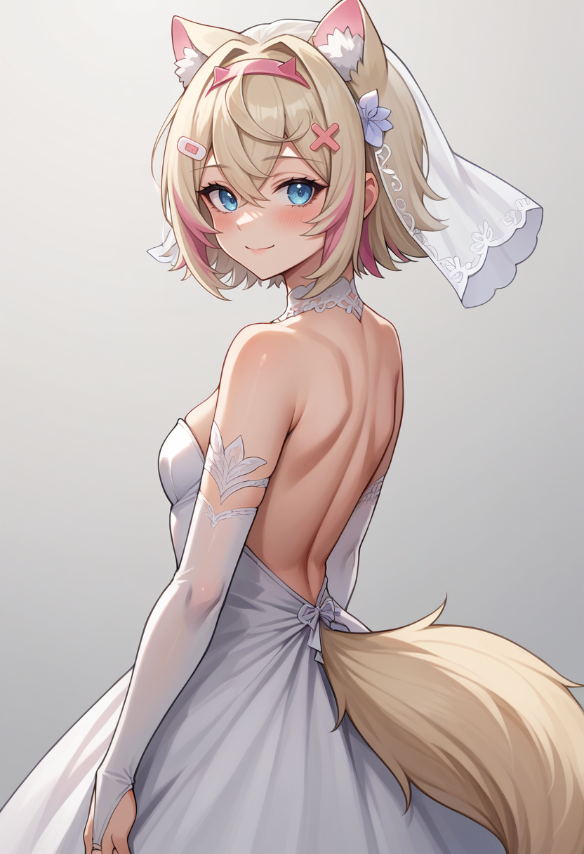 score_9, score_8_up, source_anime, 1girl, solo, MococoAbyssgard, short hair, streaked hair, hairband, hairclip, tail, backless dress, bridal gauntlets, bridal veil, eyelashes, from side, looking at viewer, strapless dress, wedding dress, white dress, simple background, smile, blush, <lora:ChamMococoAbyssgardPonyXL:0.8>