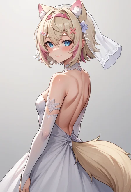 score_9, score_8_up, source_anime, 1girl, solo, MococoAbyssgard, short hair, streaked hair, hairband, hairclip, tail, backless dress, bridal gauntlets, bridal veil, eyelashes, from side, looking at viewer, strapless dress, wedding dress, white dress, simple background, smile, blush, <lora:ChamMococoAbyssgardPonyXL:0.8>