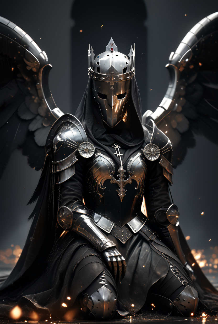 (score_9, score_8_up), score_7_up, 1girl, Highly detailed RAW color Photo, dress, crown, helmet, kneeling, full body, greyscale, indoors, cape, armor, helmet, shoulder armor, gauntlets, pauldrons, mask, dark, hood, full armor, helm, wings, covered eyes, feathered wings, simple background, grey background, gorgeous details, depth perception, backlighting, photorealistic, robot, helm, breathtaking scenery, shiny metallic texture, perfectly rendered reflections,
dark lighting, dof, depth of field, realistic, dark background, CINE, embers,
<lora:unholy-000009:0.8> <lora:CINE-000008:0.4><lora:- SDXL - vanta-black_contrast_V3.0:0.7>
<lora:sinfully_stylish_SDKL:0.5>  <lora:GwentStyle_v2:0.4>  <lora:xl_more_art-full_v1:0.4>