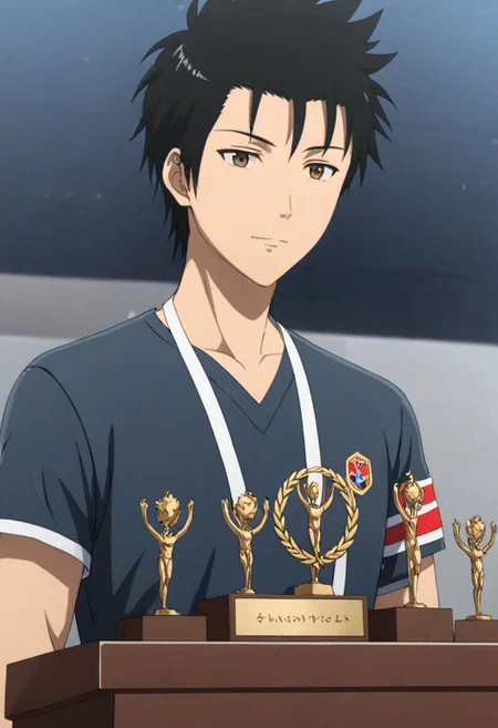 Highres, Masterpiece, High Quality, 4K, 8K, solo, 1Boy, Soujirou Agata, brown eyes, black hair, smart, 1st place, podium, winner, game, competition, easynegative, detailed_eye_model