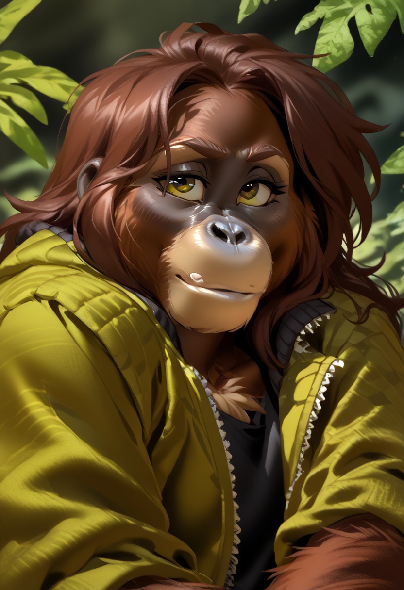 score_9, score_8_up, score_7_up, (by jailbird:1.5), (by kittydee:1.5), (by zummeng:1.5), masterpiece, best quality, (solo), 
 (Furry Art: orangutan:1.5), expressive eyes, feminine eyes, <lora:beautiful_detailed_eyes:1>, perfect face, feminine face, feminine body, ape, red fur, black skin, (brunette hair:1.5), (long hair), large breasts, (jacket:1.5), (t-shirt:1),