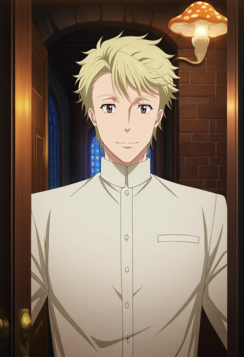 masterpiece, best quality, intricate details, anime screencap, , official style, looking at viewer, 1boy, solo, male focus, <lora:john_h_watson_ilxl:0.9>, john_h_watson, blonde hair, brown eyes, short hair, , fairy inn, mushroom lights, glittering doorways, magical food, hosting pose, welcoming expression, warm glow,