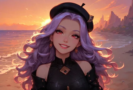 score_9, score_8_up, score_7_up, cute, faded bright colours, ultra detailed, dynamic sunlights, dynamic shades, one cute girl, cute Brazilian woman, backyard, black leather jacket, beret, laughing, delighted, slender, light purple hair, curly hair, shiny-red eyes, smile, bare shoulder, black leather jacket, looking at viewer, sunset, beach boardwalk, dynamic pose, high angle shot..
In the dimly lit chamber, the enchantress' eyes sparkled with a tantalizing promise, their depths shimmering like twin stars. Her gaze, intense and mesmerizing, held the power to captivate and ensnare. The soft glow of the firelight played across her delicate features, highlighting the allure of her enigmatic smile. Draped in flowing, ethereal robes that clung to her graceful form, she moved with a fluid elegance that seemed almost otherworldly. Each glance she cast was a silent invitation, filled with the unspoken allure of secrets and desires yet to be revealed. The air around her thrummed with a subtle, magical energy, as if the very atmosphere responded to her presence. Those who met her gaze felt a magnetic pull, drawn into the spellbinding promise of her eyes, unable to look away.