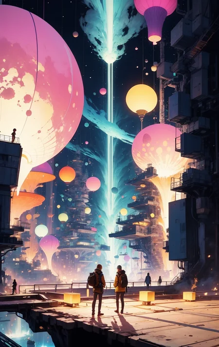 some people doing something at some place, <lora:Cosmic anime-oil fusion v2:1>