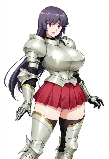 score_9,score_8_up,score_7_up,source_anime,5_figner,2d_animation,game cg,BREKE,1girl,solo,
zzSabrina, red eyes, long hair, blunt bangs, sabrina pokemon, purple hair, black hair,
armor,gauntlets,breastplate,greaves,armored boots,zettai ryouik,black thighhighs,pleated skirt,red skirt,knight,
smile,openmouth,cowboyshot,standing,
huge breasts,thick hips,thick thighs,thick waist,disproportionate breasts,
curves,glamour,
simple background,white background,
masterpiece,best qualit,ultra-detailed,illustration,an extremely delicate and beautiful,beautiful detailed eyes,unity 8k wallpaper,high resolution,anime CG,official_art,Erotic_style, uncensored, anime_coloring, anime_screencap,