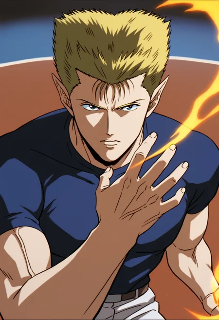 1boy, zeru_yuyuhakusho, tight blue t-shirt, blonde hair, white pants, pointy ears, veiny arms, manly, muscular, big muscle,score_7_up, score_6_up, score_8_up, score_9_up, looking at viewer, detailed eyes, 8k uhd, high quality , fighting arena, standing, open arm, fire on hand, close_up, <lora:Zeru:0.6>, <lora:umikochannartv2:0.4>,  First-person perspective, pov,