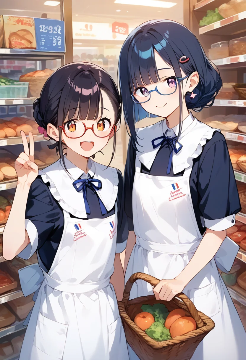score_9, score_8_up, score_7_up, rating_safe, masterpiece, best quality, absurdres, unity 8k wallpaper, official art, official style, source_anime, uncensored, game cg, megami magazine,
2girls, glasses, vfu, black dress, employee uniform, v, shop, indoors, short sleeves, black hair, food, basket, collared dress, white apron, hand up, shelf, upper body, double v, happy, smile, looking at viewer, blue triangular bandage
<lora:VFU_PONY_V1:1>