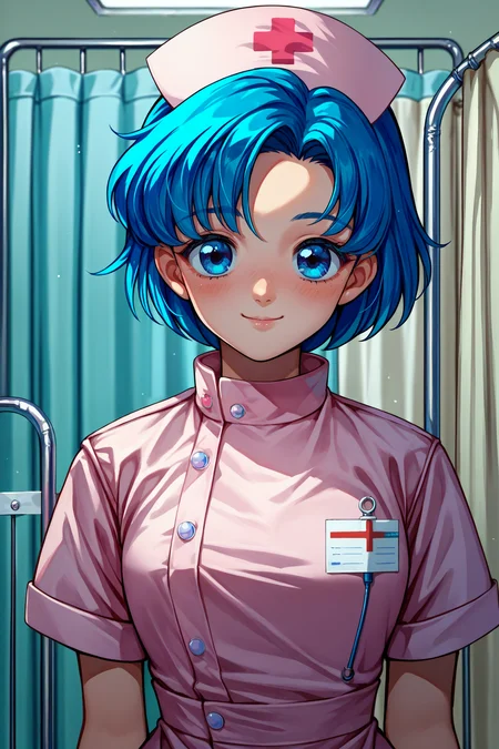 score_9, score_8_up, score_7_up, score_6_up, source_anime, 1girl, solo, <lora:sailormercury-pdxl-nvwls-v1-000005:1> slrmc, blue hair, short hair, blue eyes, nurse cap, nurse outfit, pink uniform, looking at you, hospital, smile, blush