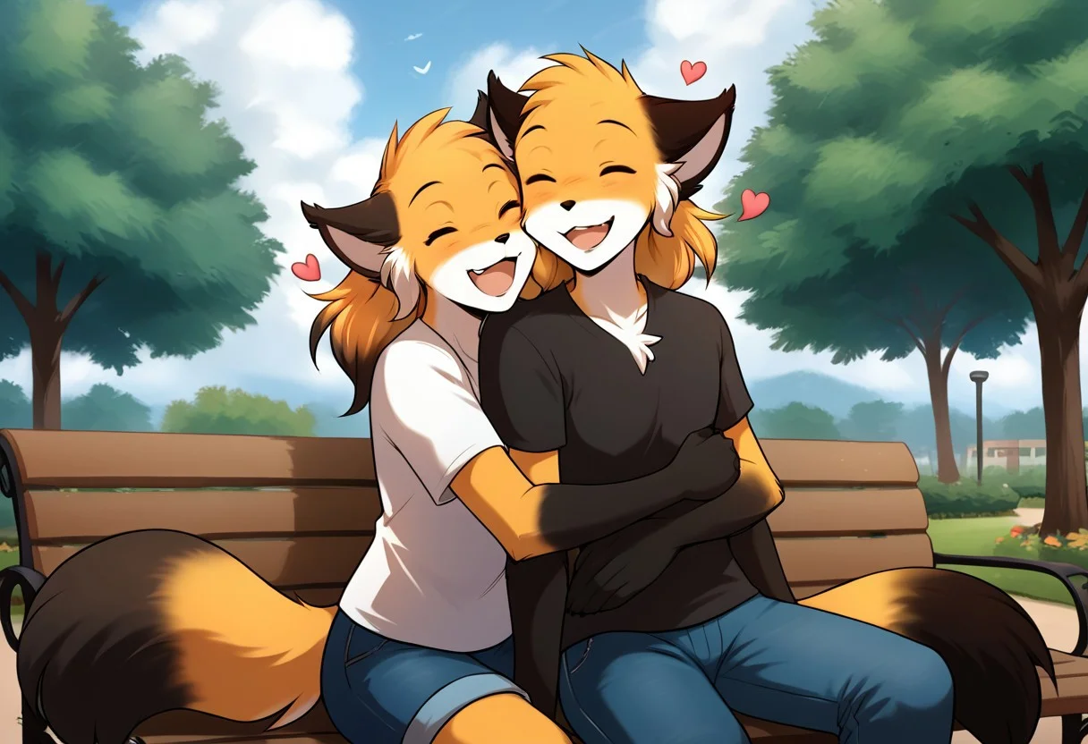 score_9, score_8_up, score_7_up, best quality, score_6_up, source_furry, rating_explicit
BREAK
duo, anthro male fox, fox, anthro, Perfect Hands, furry male anthro, (happy, laughing), (outdoors, park), Sitting on a bench, flat chest, eyes contact, black T-shirt, jeans, hugging
BREAK
score_9, score_8_up, score_7_up, best quality, score_6_up, source_furry, rating_explicit
BREAK
duo, furry female anthro, mike-twokinds, (happy, laughing), (outdoors, park), Sitting on the guy's lap, eyes close, white T-shirt, cute shorts, floating hearts, medium breasts, hugging